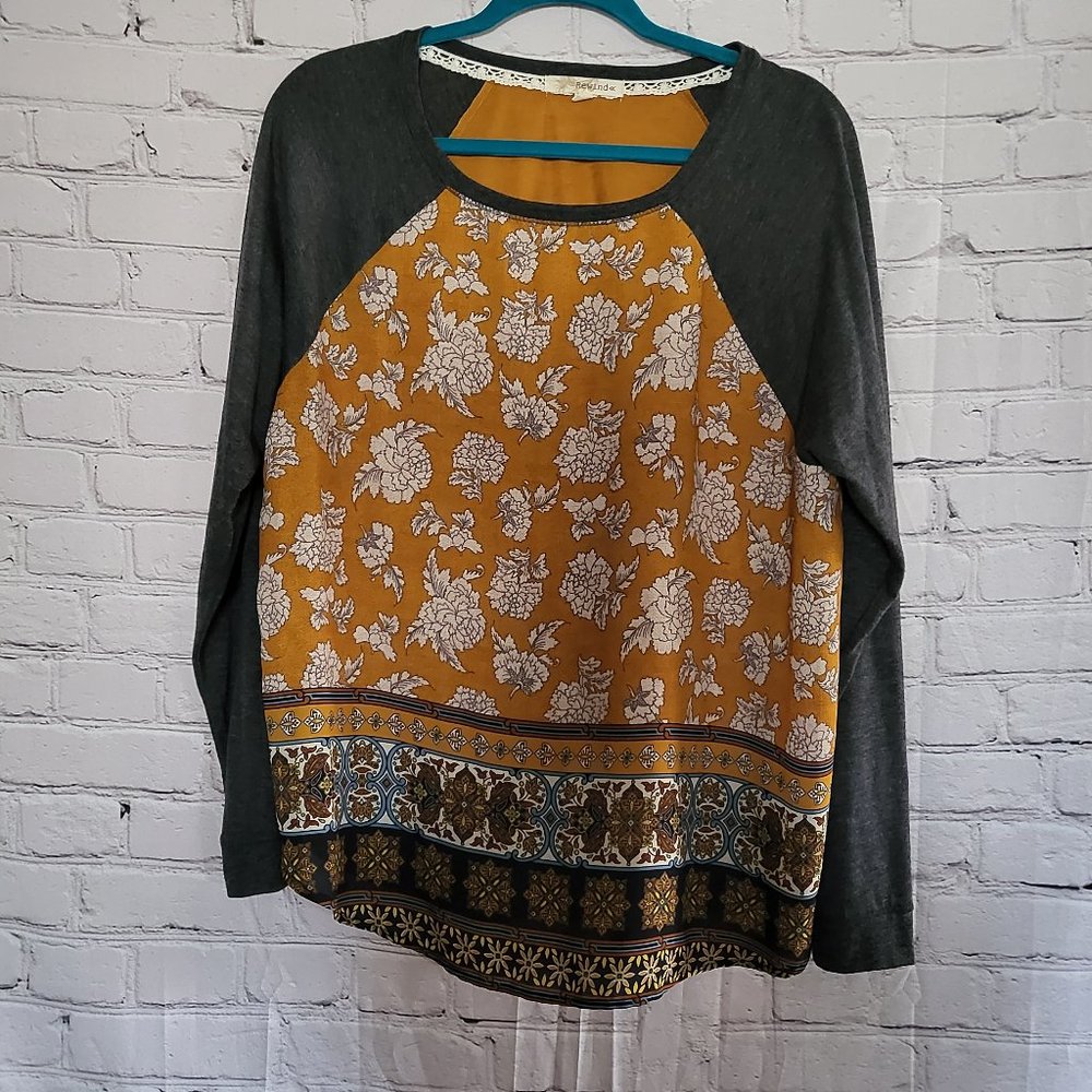 Rewind, Size: XXL, Gold/Grey Multi Print Long Sleeved Top